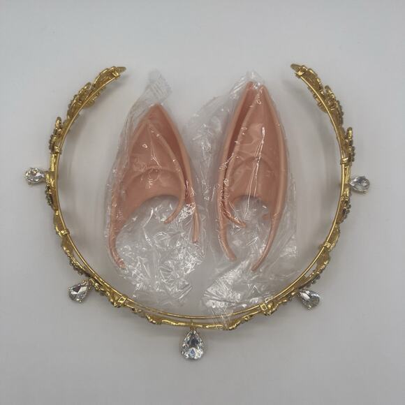 Gold Elf Tiara Crown with Clear Gem & 2 Pairs Elf Ears Fairy Cosplay Costume - Picture 4 of 9